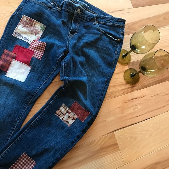 Upcycled Patched Jeans, 14 Junior: Handmade Patchwork Wine Theme Hippie Pants - Picture 8 of 11